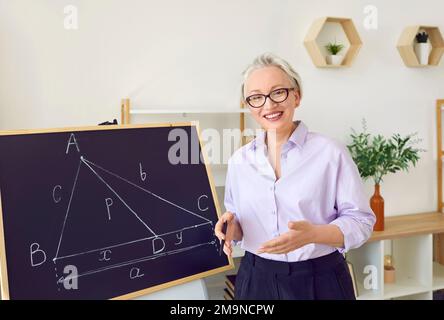 Portrait of a happy math teacher standing by the blackboard in the school classroom Stock Photo