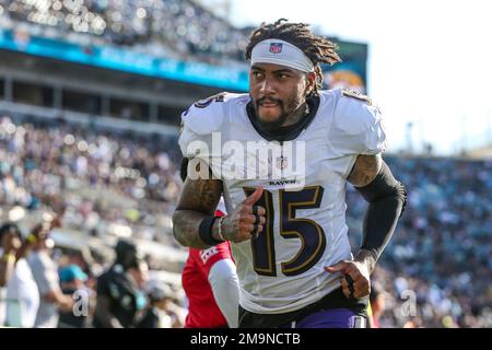 Baltimore Ravens wide receiver DeSean Jackson (15) warms up before an NFL  football game against the Jacksonville Jaguars, Sunday, Nov. 27, 2022, in  Jacksonville, Fla. (AP Photo/Gary McCullough Stock Photo - Alamy