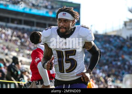 Baltimore Ravens wide receiver DeSean Jackson (15) warms up before an NFL  football game against the Jacksonville Jaguars, Sunday, Nov. 27, 2022, in  Jacksonville, Fla. (AP Photo/Gary McCullough Stock Photo - Alamy