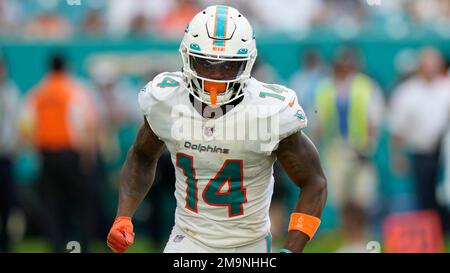 Miami Dolphins wide receiver Trent Sherfield (14) watches the