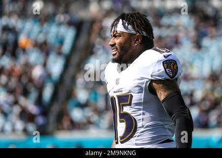 Baltimore Ravens wide receiver DeSean Jackson (15) warms up before an NFL  football game against the Jacksonville Jaguars, Sunday, Nov. 27, 2022, in  Jacksonville, Fla. (AP Photo/Gary McCullough Stock Photo - Alamy