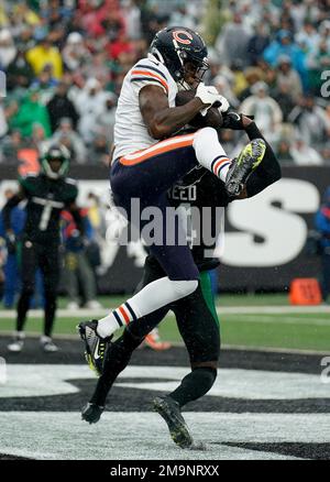 Chicago Bears wide receiver Byron Pringle (13) celebrates with Chicago Bears  wide receiver Darnell Mooney (11) after scoring a touchdown against the New  York Jets during the second quarter of an NFL