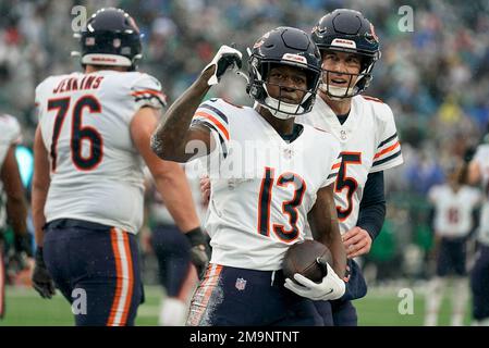 Chicago Bears wide receiver Byron Pringle (13) celebrates with Chicago Bears  wide receiver Darnell Mooney (11) after scoring a touchdown against the New  York Jets during the second quarter of an NFL