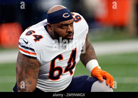 Chicago Bears defensive tackle Mike Pennel Jr. (64) speaks to Atlanta  Falcons players after an NFL football game, Sunday, Nov. 20, 2022, in  Atlanta. The Atlanta Falcons won 27-24. (AP Photo/Brynn Anderson