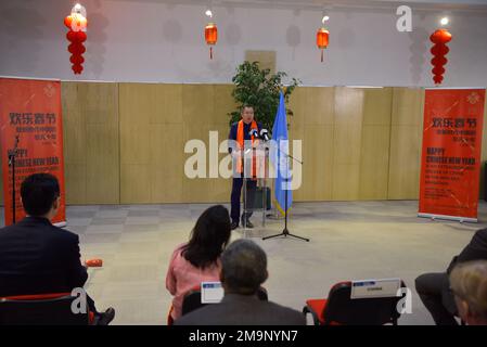 Addis Ababa, Ethiopia. 17th Jan, 2023. Hu Changchun (Rear), head of the Chinese Mission to the African Union (AU), speaks during an opening event of the exhibition themed Happy Chinese New Year and an Extraordinary Decade of China in the New Era, in Addis Ababa, Ethiopia, on Jan. 17, 2023. Credit: Michael Tewelde/Xinhua/Alamy Live News Stock Photo