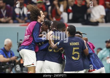 AL KHOR - France celebrates Randal Kolo Muani of France's 2-0 during the FIFA World Cup Qatar 2022 Semifinal match between France and Morocco at Al Bayt Stadium on December 14, 2022 in Al Khor, Qatar. AP | Dutch Height | MAURICE OF STONE Stock Photo