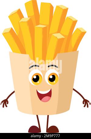 A cute cartoon french fry bag with a face on white background