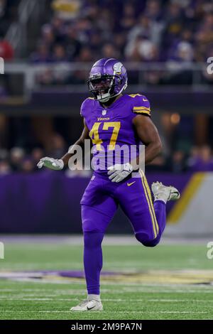 Minnesota Vikings linebacker William Kwenkeu (47) in action against the New  England Patriots during the first half of an NFL football game Thursday,  Nov. 24, 2022 in Minneapolis. (AP Photo/Stacy Bengs Stock