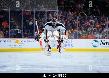 Philadelphia Flyers' Carter Hart stretches before an NHL hockey game  against the Buffalo Sabres, Tuesday, March 9, 2021, in Philadelphia. (AP  Photo/Matt Slocum Stock Photo - Alamy