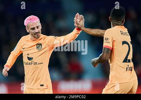 Valencia, Spain. 18th Jan, 2023. Spanish Copa del Rey: Levante UD v Atletico de Madrid. Angel Correa (Atletico de Madrid, #10) and Reinildo Mandava (Atletico de Madrid, #23) in action Credit: saolab/Alamy Live News Stock Photo