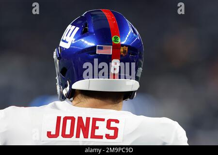 The NFL's John Madden's Thanksgiving day helmet decal on the back of New  York Giants running back Saquon Barkley (26) helmet during the NFL game  against the Dallas Cowboys on Thursday, November