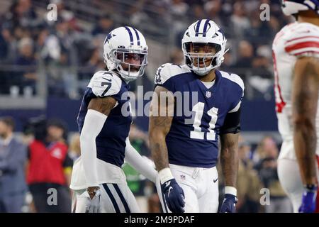 Dallas Cowboys cornerback Trevon Diggs (7) and linebacker Micah Parsons  (11) defend against the New York Giants during an NFL Football game in  Arlington, Texas, Thursday, Nov. 24, 2022. (AP Photo/Michael Ainsworth