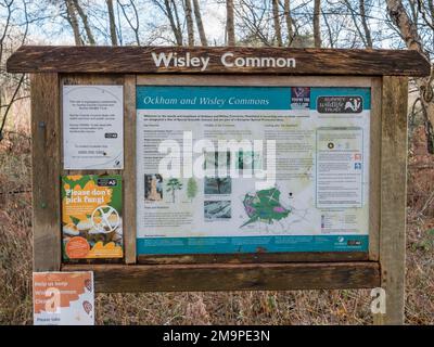 Visitor information panel beside the main car park on Wisley Common, Woking, Surrey, UK. Stock Photo