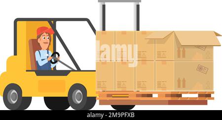 Man riding forklift with parcel boxes. Warehouse worker Stock Vector