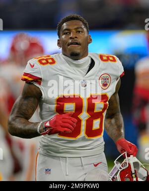 Kansas City Chiefs tight end Jody Fortson (88) walks back to the locker  room before an NFL football game against the Los Angeles Chargers, Sunday,  Nov. 20, 2022, in Inglewood, Calif. (AP