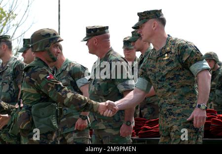 A Republic of Georgia Army Soldier assigned to the 16th Mountain Battalion, gets a handshake and congratulation from US Marine Corps (USMC) Major (MAJ) Scott Campbell, Commanding Officer, Task Force Georgia Train and Equip Program (GTEP), after completing the third tactical training phase of the program, during a Certification Ceremony held at the Krtsanisi Training Area, Rock City, Georgia. GETEP is a phased training initiative that enhances operational capabilities of select Georgian units to increase security of Georgia's borders and promote stability within the region. Subject Operation/Se Stock Photo