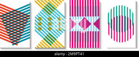 Card templates with risograph effect. Vector set. Geometric abstract shapes. Modern two-tone poster. For social media, flyers, decor and promotional p Stock Vector