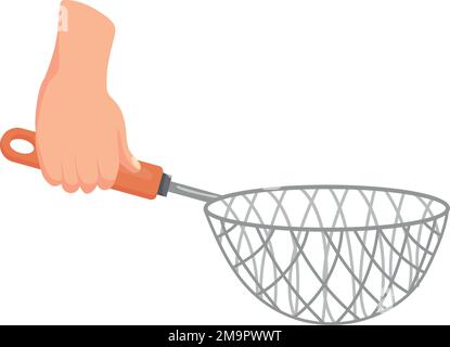 Colander in hand. Cooking recipe cartoon icon isolated on white background Stock Vector