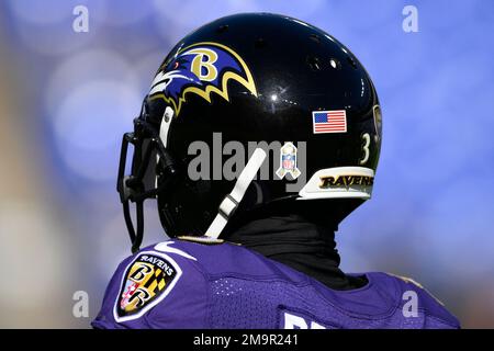 A Salute to Service sticker is seen on Carolina Panthers wide receiver Shi  Smith's helmet as he warms up before an NFL football game against the  Baltimore Ravens, Sunday, Nov. 20, 2022