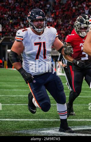 Chicago Bears offensive tackle Riley Reiff (78) and offensive tackle  Lachavious Simmons (73) attempt to block Cleveland Browns defensive tackle  Perrion Winfrey (97) during an NFL preseason football game, Saturday Aug.  27