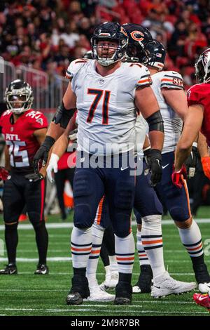 Chicago Bears offensive tackle Riley Reiff (78) and offensive tackle  Lachavious Simmons (73) attempt to block Cleveland Browns defensive tackle  Perrion Winfrey (97) during an NFL preseason football game, Saturday Aug.  27