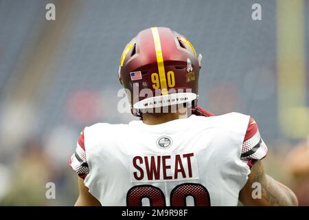 A Salute to Service logo is seen on the helmet of Washington Commanders  wide receiver Terry McLaurin before an NFL football game against the  Houston Texans Sunday, Nov. 20, 2022, in Houston. (