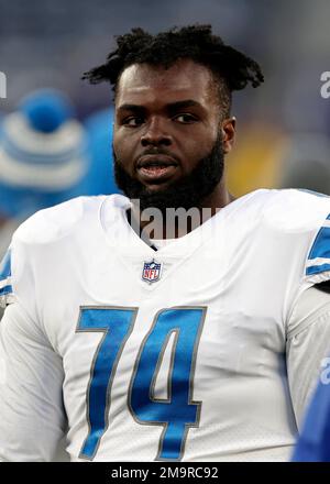 Detroit Lions guard Kayode Awosika (74) reacts at the conclusion of an NFL  football game against the New England Patriots, Sunday, Oct. 9, 2022, in  Foxborough, Mass. (AP Photo/Greg M. Cooper Stock