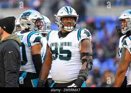 Carolina Panthers defensive tackle Derrick Brown (95) wears a Crucial Catch  t-shirt as he warms up prior to an NFL football game against the  Philadelphia Eagles, Sunday, Oct. 10, 2021, in Charlotte