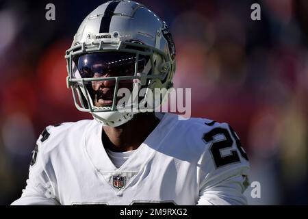 Las Vegas Raiders cornerback David Long Jr. (28) is seen during warm ups  before an NFL preseason football game against the Dallas Cowboys, Saturday,  Aug. 26, 2023, in Arlington, Texas. Dallas won