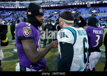 Baltimore Ravens quarterback Lamar Jackson (8) greets Carolina Panthers  quarterback Baker Mayfield (6) after an NFL football game Sunday, Nov. 20,  2022, in Baltimore. (AP Photo/Patrick Semansky Stock Photo - Alamy