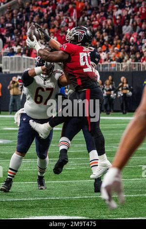 Atlanta Falcons defensive tackle Grady Jarrett (97) works during the first  half of an NFL football game against the Carolina Panthers, Sunday, Oct.  31, 2021, in Atlanta. The Carolina Panthers won 19-13. (