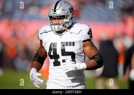 Las Vegas Raiders fullback Jakob Johnson (45) leaves the field against the  Indianapolis Colts during the