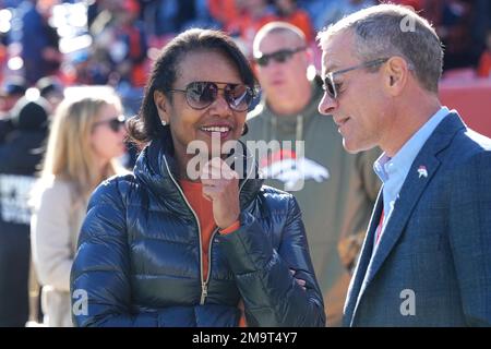 Denver, Colorado, USA. 8th Jan, 2023. Broncos part owner CONDOLEEZZA RICE  is all smiles on the Broncos sideline before the start of the 1st. Half at  Empower Field at Mile High Sunday