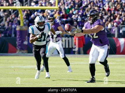 Baltimore Ravens fullback Patrick Ricard (42) runs to the right past  Pittsburgh Steelers linebacker Sean Spence (51) to score in the fourth  quarter at Heinz Field in Pittsburgh on December 10, 2017.