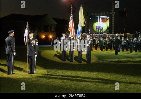 The US Air Force (USAF) Honor Guard and Band wait for commands from the Commander of Troops (COT), during the Air Force Tattoo full dress rehearsal, at Bolling Air Force Base (AFB), in District of Columbia (DC). Base: Bolling Air Force Base State: District Of Columbia (DC) Country: United States Of America (USA) Stock Photo