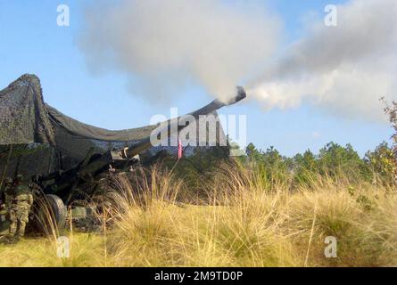 031014-M-9382M-011. At Fort Bragg, North Carolina, US Marine Corps (USMC) personnel with the 10th Marines, 2nd Marine Division, fire a 96 pound artillery round from an M198 Towed Howitzer, during Exercise ROLLING THUNDER 2003. Stock Photo