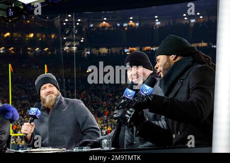 TNF NFL crew, from left, Tony Gonzalez, Charissa Thompson, Ryan Fitzpatrick  and Chris Sherman, before an NFL football game between the Houston Texans  and the San Francisco 49ers, Thursday, Aug. 25, 2022