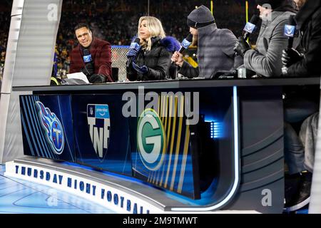 TNF NFL crew, from left, Tony Gonzalez, Charissa Thompson, Ryan Fitzpatrick  and Chris Sherman, before an NFL football game between the Houston Texans  and the San Francisco 49ers, Thursday, Aug. 25, 2022