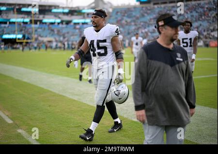 Las Vegas Raiders fullback Jakob Johnson (45) leaves the field against the  Indianapolis Colts during the