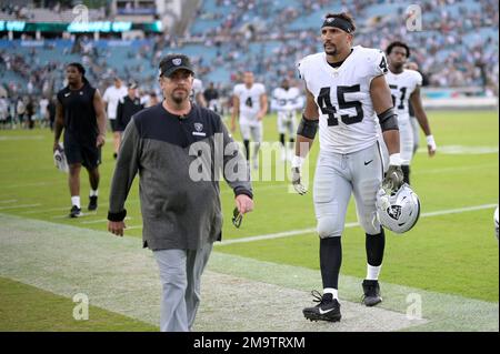 Las Vegas Raiders fullback Jakob Johnson (45) leaves the field against the  Indianapolis Colts during the