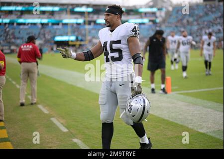 Las Vegas Raiders fullback Jakob Johnson (45) heads to the field before an  NFL football game against the Jacksonville Jaguars, Sunday, Nov. 6, 2022,  in Jacksonville, Fla. (AP Photo/Phelan M. Ebenhack Stock