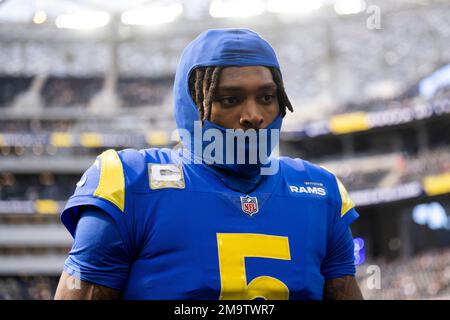 Los Angeles Rams cornerback Jalen Ramsey (5) during an NFL football game  against the Arizona Cardinals, Sunday, Oct. 3, 2021, in Inglewood, Calif.  The Arizona Cardinals defeated the Los Angeles Rams 37-20. (