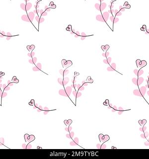 Seamless pattern from Abstract branches one line drawing with hearts in trendy pale pink shades. Happy Valentines day. Isolate. Design for greeting, invitations cards or poster, banner or label. EPS Stock Vector