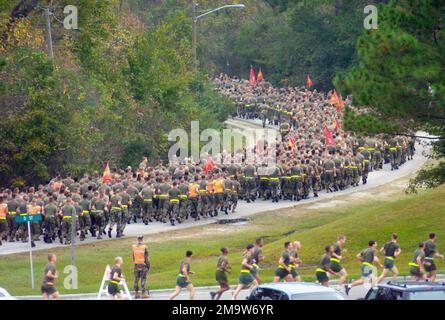 US Marine Corps (USMC) Marines assigned to the 2nd Marine Division participate in the annual Division Run at Camp Lejeune, North Carolina (NC). The annual run is lead by the division commander and includes over 10,000 Marines. Base: Marine Corps Base, Camp Lejeune State: North Carolina (NC) Country: United States Of America (USA) Stock Photo