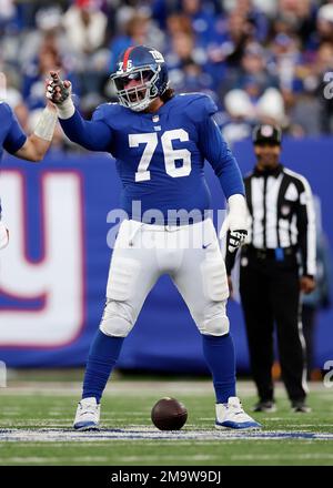 New York Giants guard Jon Feliciano (76) takes the field to face the  Washington Commanders during an NFL football game Sunday, Dec. 4, 2022, in  East Rutherford, N.J. (AP Photo/Adam Hunger Stock