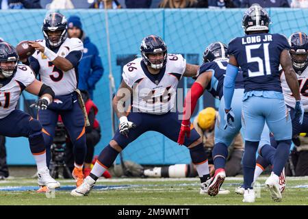 Denver Broncos guard Dalton Risner (66) on the field before the start of an  NFL football game against the Los Angeles Chargers, Sunday, January 2, 2022  in Inglewood, Calif. The Chargers defeated