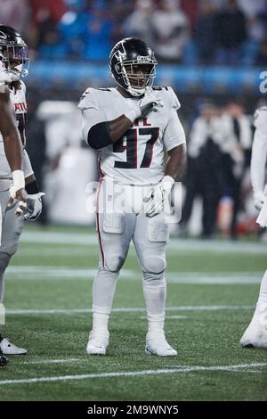 Atlanta Falcons defensive end Grady Jarrett (97) works during the second  half of an NFL football game against the Carolina Panthers, Sunday, Oct.  30, 2022, in Atlanta. The Atlanta Falcons won 37-34. (