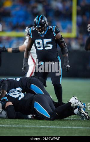 Carolina Panthers defensive tackle Derrick Brown (95) encourages the crowd  to get loud during an NFL football game against the Atlanta Falcons,  Thursday, Nov. 10 2022, in Charlotte, N.C. (AP Photo/Brian Westerholt