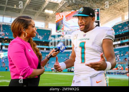 CBS Sports sideline reporter AJ Ross interviews Miami Dolphins quarterback  Tua Tagovailoa (1) on the field after the Dolphins defeated the Cleveland  Browns during an NFL football game, Sunday, Nov. 13, 2022, in Miami  Gardens, Fla. (AP Photo/Doug