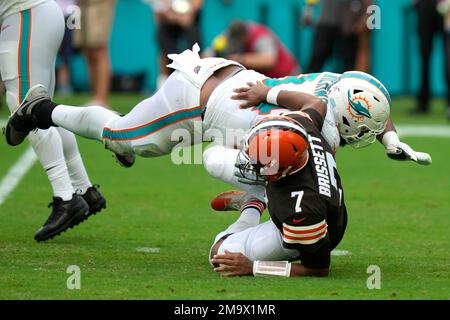 Miami Dolphins defensive tackle Christian Wilkins (94) tackles Buffalo  Bills tight end Dawson Knox (88) during the second half of an NFL football  game, Sunday, Sept. 25, 2022, in Miami Gardens, Fla. (